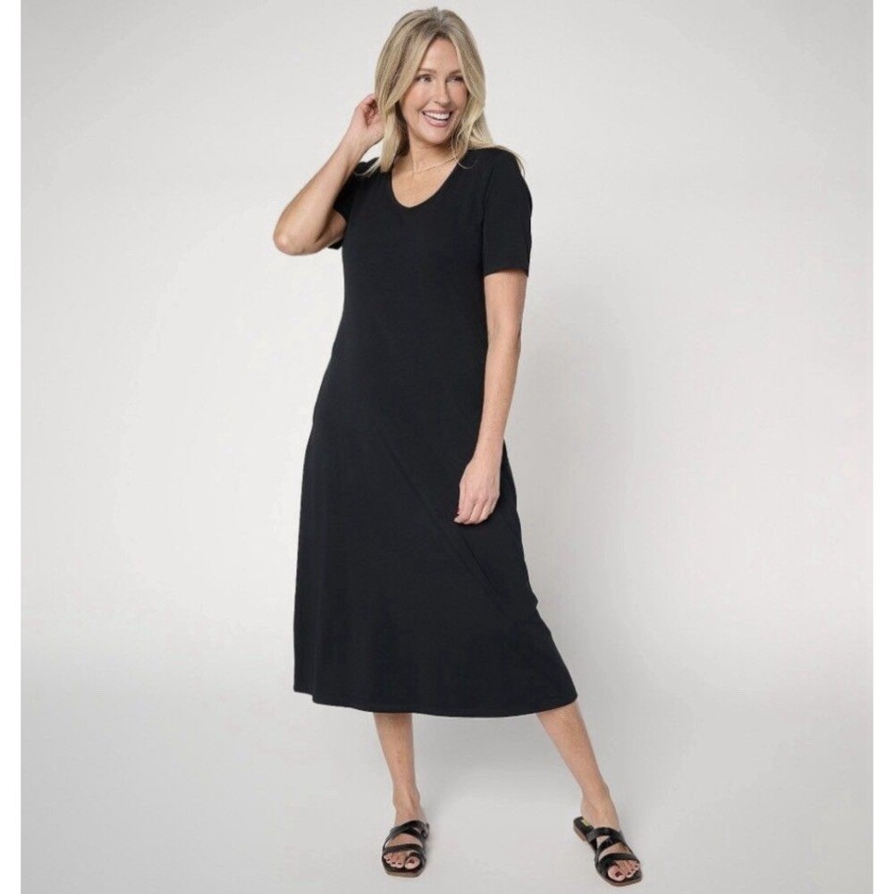 Denim & Co. Beach Jersey Regular Midi Dress with Pockets Black Sz 1X